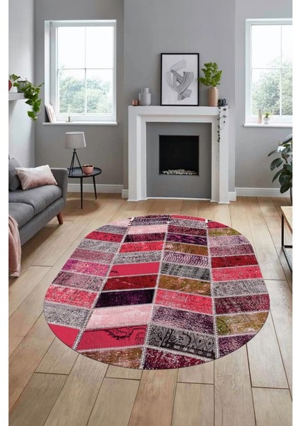 Baskılı Kaymaz Taban Yıkanabilir Patchwork Desen Oval Yolluk Salon Halısı, O-Patchwork-10-Kırmızı,