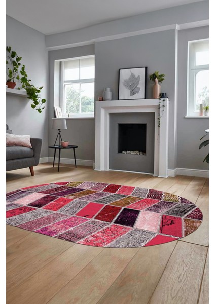 Baskılı Kaymaz Taban Yıkanabilir Patchwork Desen Oval Yolluk Salon Halısı, O-Patchwork-10-Kırmızı,