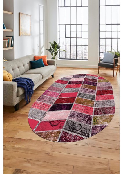 Baskılı Kaymaz Taban Yıkanabilir Patchwork Desen Oval Yolluk Salon Halısı, O-Patchwork-10-Kırmızı,