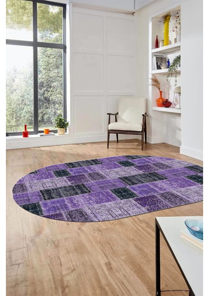 Baskılı Kaymaz Taban Yıkanabilir Patchwork Desen Oval Yolluk Salon Halısı, O-Patchwork-07-Mor, fiyatları