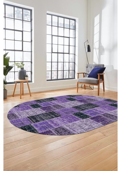Baskılı Kaymaz Taban Yıkanabilir Patchwork Desen Oval Yolluk Salon Halısı, O-Patchwork-07-Mor, fırsatları