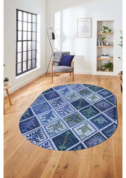 Baskılı Kaymaz Taban Yıkanabilir Patchwork Desen Oval Yolluk Salon Halısı, O-Patchwork-08-Mavi,