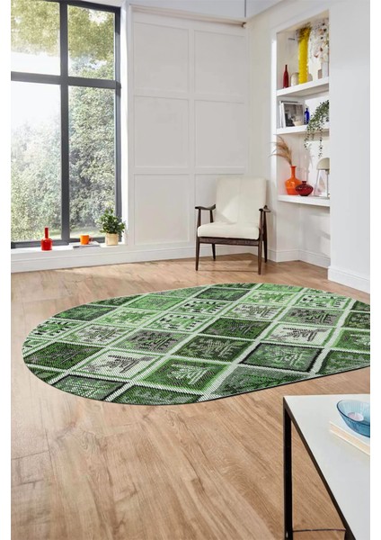 Baskılı Kaymaz Taban Yıkanabilir Patchwork Desen Oval Yolluk Salon Halısı, O-Patchwork-08-Yeşil,