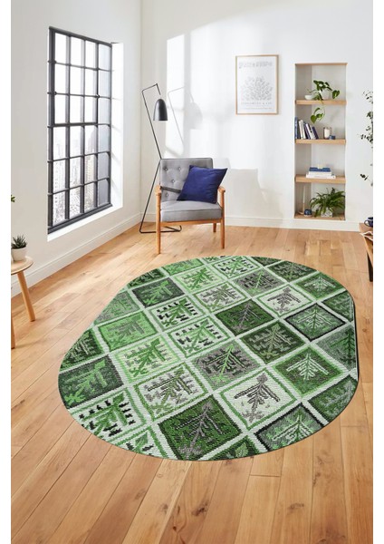 Baskılı Kaymaz Taban Yıkanabilir Patchwork Desen Oval Yolluk Salon Halısı, O-Patchwork-08-Yeşil,