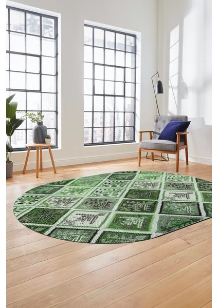 Baskılı Kaymaz Taban Yıkanabilir Patchwork Desen Oval Yolluk Salon Halısı, O-Patchwork-08-Yeşil,