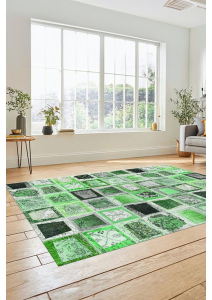 Dijital Kaymaz Taban Yıkanabilir Patchwork Desen Yolluk Mutfak Salon Halısı, Patchwork-14-Yeşil,