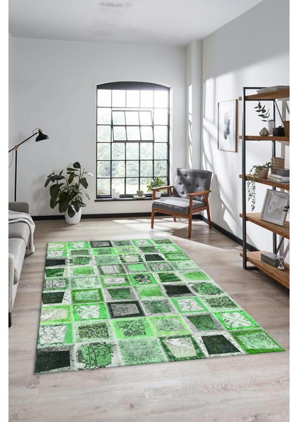 Dijital Kaymaz Taban Yıkanabilir Patchwork Desen Yolluk Mutfak Salon Halısı, Patchwork-14-Yeşil,