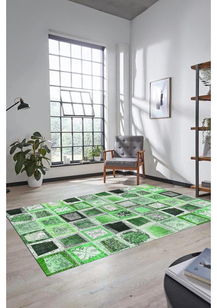 Dijital Kaymaz Taban Yıkanabilir Patchwork Desen Yolluk Mutfak Salon Halısı, Patchwork-14-Yeşil,