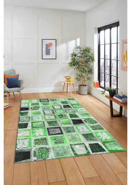 Dijital Kaymaz Taban Yıkanabilir Patchwork Desen Yolluk Mutfak Salon Halısı, Patchwork-14-Yeşil,