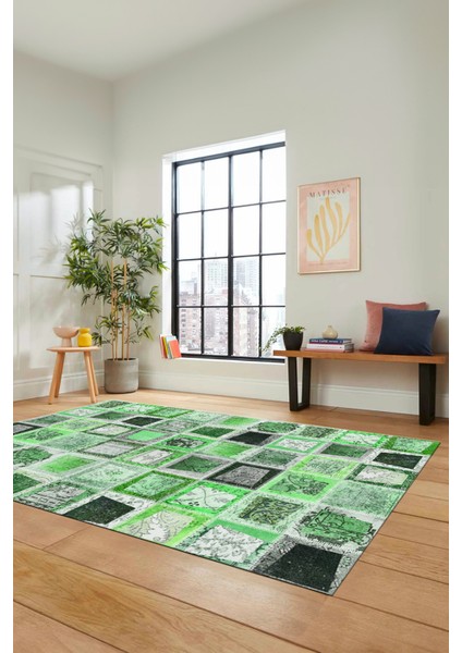 Dijital Kaymaz Taban Yıkanabilir Patchwork Desen Yolluk Mutfak Salon Halısı, Patchwork-14-Yeşil,