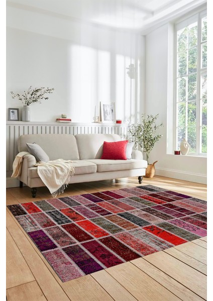 Dijital Kaymaz Taban Yıkanabilir Patchwork Desen Yolluk Mutfak Salon Halısı, Patchwork-09-Kırmızı,