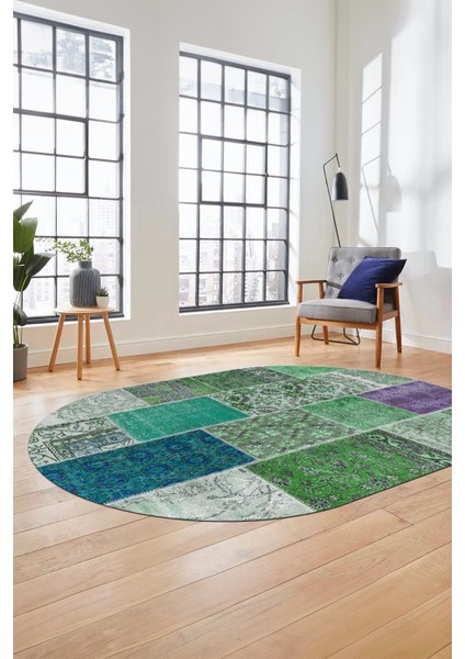 Baskılı Kaymaz Taban Yıkanabilir Patchwork Desen Oval Yolluk Salon Halısı, O-Patchwork-01-Yeşil,