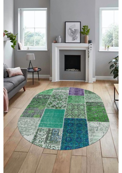 Baskılı Kaymaz Taban Yıkanabilir Patchwork Desen Oval Yolluk Salon Halısı, O-Patchwork-01-Yeşil,