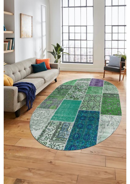Baskılı Kaymaz Taban Yıkanabilir Patchwork Desen Oval Yolluk Salon Halısı, O-Patchwork-01-Yeşil,