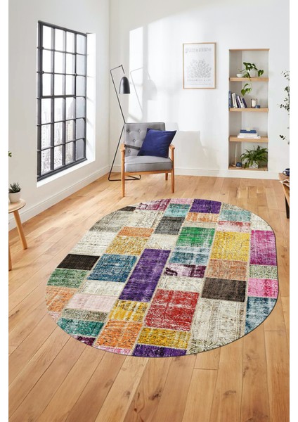 Baskılı Kaymaz Taban Yıkanabilir Patchwork Desen Oval Yolluk Salon Halısı, O-Patchwork-03-Renkli,