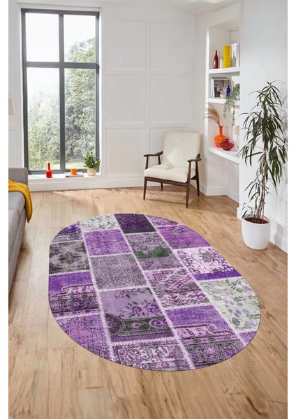 Baskılı Kaymaz Taban Yıkanabilir Patchwork Desen Oval Yolluk Salon Halısı, O-Patchwork-04-Mor,