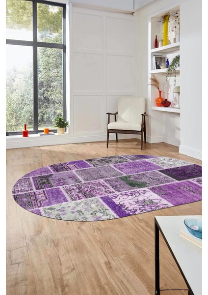 Baskılı Kaymaz Taban Yıkanabilir Patchwork Desen Oval Yolluk Salon Halısı, O-Patchwork-04-Mor,