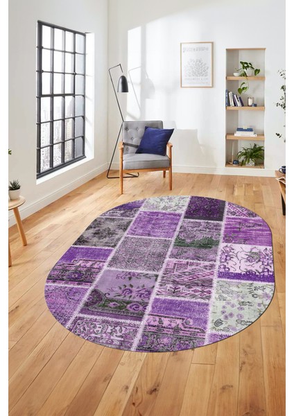 Baskılı Kaymaz Taban Yıkanabilir Patchwork Desen Oval Yolluk Salon Halısı, O-Patchwork-04-Mor,