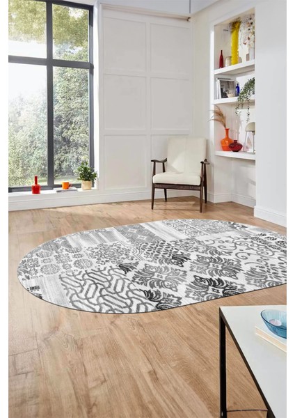 Baskılı Kaymaz Taban Yıkanabilir Patchwork Desen Oval Yolluk Salon Halısı, O-Patchwork-02-Gri, fırsatları