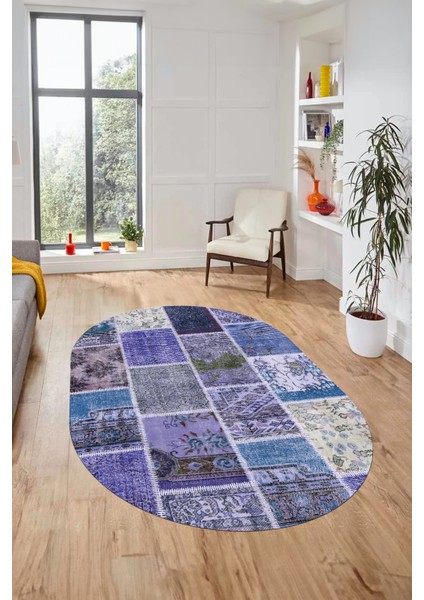 Baskılı Kaymaz Taban Yıkanabilir Patchwork Desen Oval Yolluk Salon Halısı, O-Patchwork-04-Mavi, fiyatları