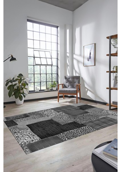 Dijital Kaymaz Taban Yıkanabilir Patchwork Desen Yolluk Mutfak Salon Halısı, Patchwork-15-Gri,