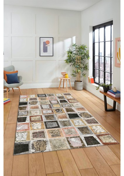 Dijital Kaymaz Taban Yıkanabilir Patchwork Desen Yolluk Mutfak Salon Halısı, Patchwork-14-Kahve,