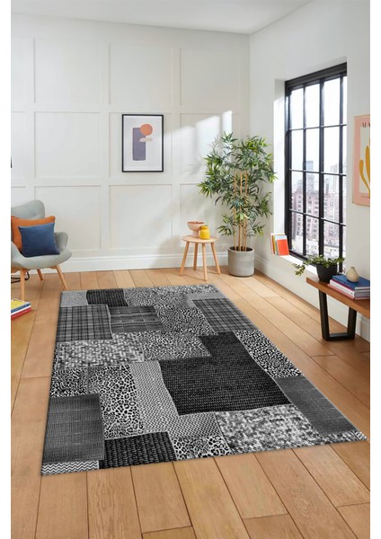 Dijital Kaymaz Taban Yıkanabilir Patchwork Desen Yolluk Mutfak Salon Halısı, Patchwork-15-Gri,