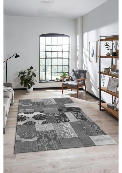 Dijital Kaymaz Taban Yıkanabilir Patchwork Desen Yolluk Mutfak Salon Halısı, Patchwork-16-Gri,
