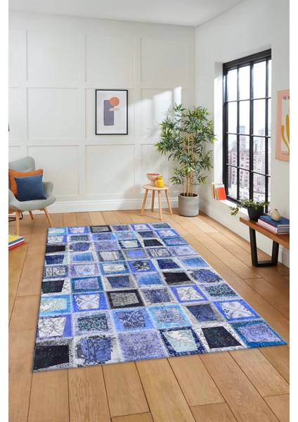 Dijital Kaymaz Taban Yıkanabilir Patchwork Desen Yolluk Mutfak Salon Halısı, Patchwork-14-Mavi,