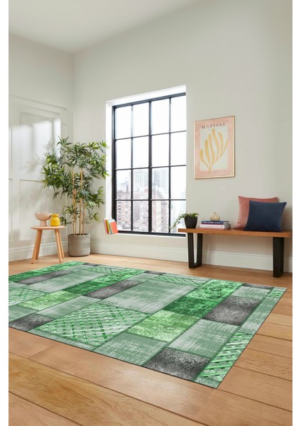 Dijital Kaymaz Taban Yıkanabilir Patchwork Desen Yolluk Mutfak Salon Halısı, Patchwork-18-Yeşil,