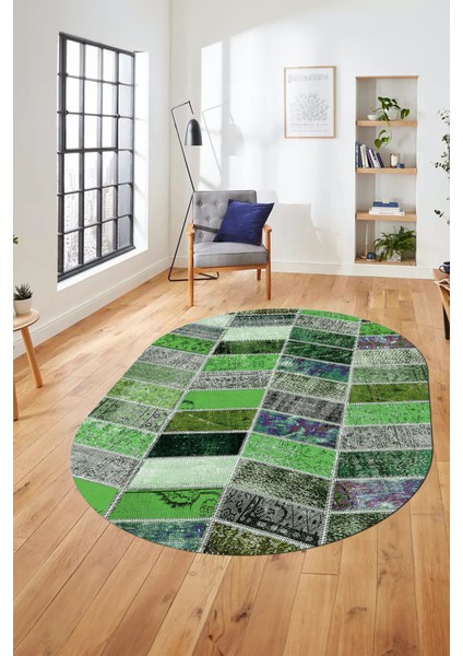 Baskılı Kaymaz Taban Yıkanabilir Patchwork Desen Oval Yolluk Salon Halısı, O-Patchwork-10-Yeşil,