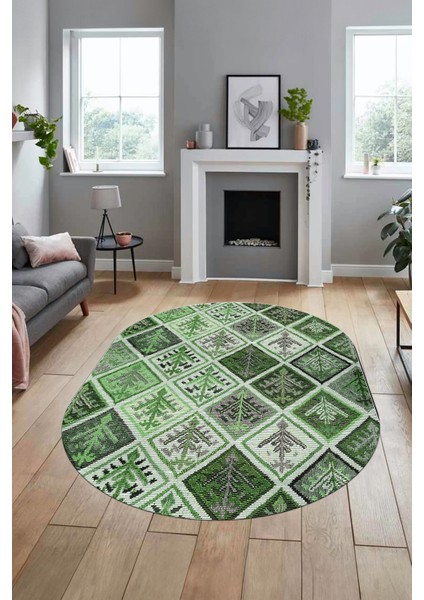 Baskılı Kaymaz Taban Yıkanabilir Patchwork Desen Oval Yolluk Salon Halısı, O-Patchwork-08-Yeşil,