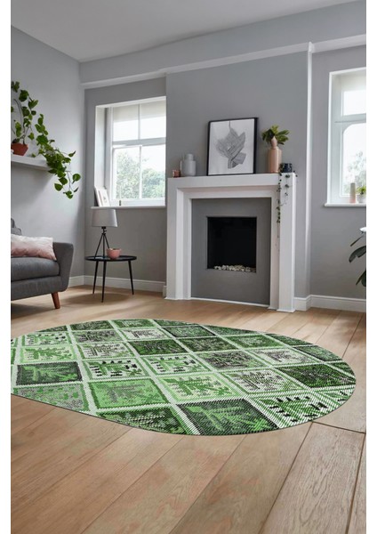 Baskılı Kaymaz Taban Yıkanabilir Patchwork Desen Oval Yolluk Salon Halısı, O-Patchwork-08-Yeşil,