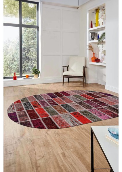 Baskılı Kaymaz Taban Yıkanabilir Patchwork Desen Oval Yolluk Salon Halısı, O-Patchwork-09-Kırmızı,