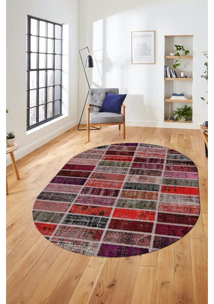 Baskılı Kaymaz Taban Yıkanabilir Patchwork Desen Oval Yolluk Salon Halısı, O-Patchwork-09-Kırmızı,