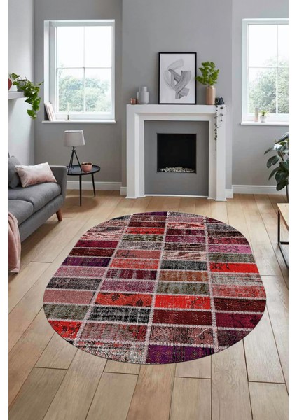 Baskılı Kaymaz Taban Yıkanabilir Patchwork Desen Oval Yolluk Salon Halısı, O-Patchwork-09-Kırmızı,