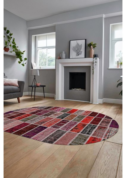 Baskılı Kaymaz Taban Yıkanabilir Patchwork Desen Oval Yolluk Salon Halısı, O-Patchwork-09-Kırmızı,