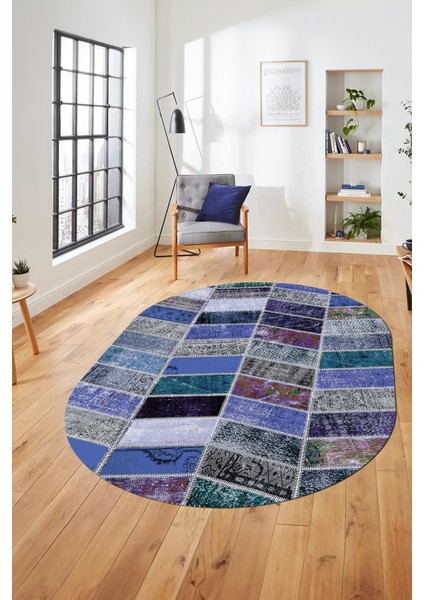 Baskılı Kaymaz Taban Yıkanabilir Patchwork Desen Oval Yolluk Salon Halısı, O-Patchwork-10-Mavi,