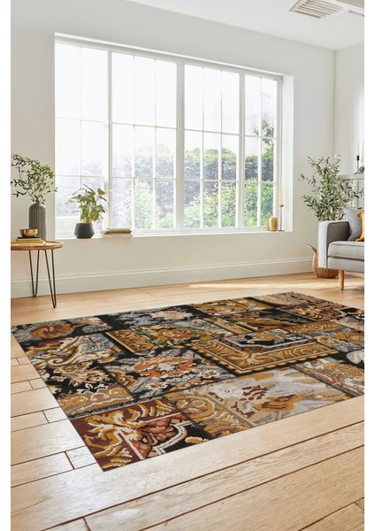 Dijital Kaymaz Taban Yıkanabilir Patchwork Desen Yolluk Mutfak Salon Halısı, Patchwork-12-Kahve,