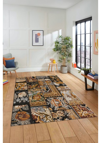 Dijital Kaymaz Taban Yıkanabilir Patchwork Desen Yolluk Mutfak Salon Halısı, Patchwork-12-Kahve,