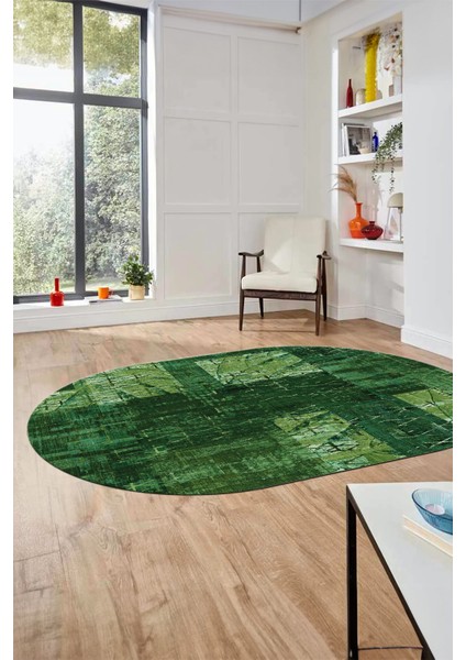Baskılı Kaymaz Taban Yıkanabilir Patchwork Desen Oval Yolluk Salon Halısı, O-Patchwork-05-Yeşil,