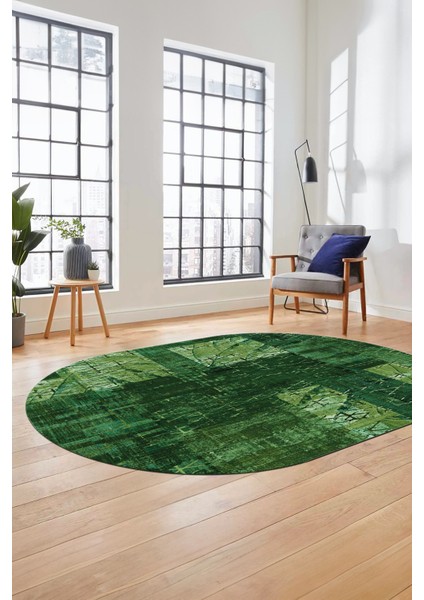 Baskılı Kaymaz Taban Yıkanabilir Patchwork Desen Oval Yolluk Salon Halısı, O-Patchwork-05-Yeşil,