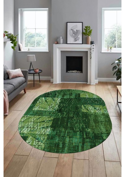 Baskılı Kaymaz Taban Yıkanabilir Patchwork Desen Oval Yolluk Salon Halısı, O-Patchwork-05-Yeşil,