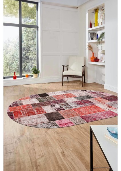 Baskılı Kaymaz Taban Yıkanabilir Patchwork Desen Oval Yolluk Salon Halısı, O-Patchwork-03-Kırmızı, modelleri