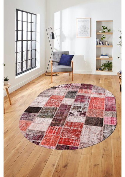 Baskılı Kaymaz Taban Yıkanabilir Patchwork Desen Oval Yolluk Salon Halısı, O-Patchwork-03-Kırmızı, fırsatları