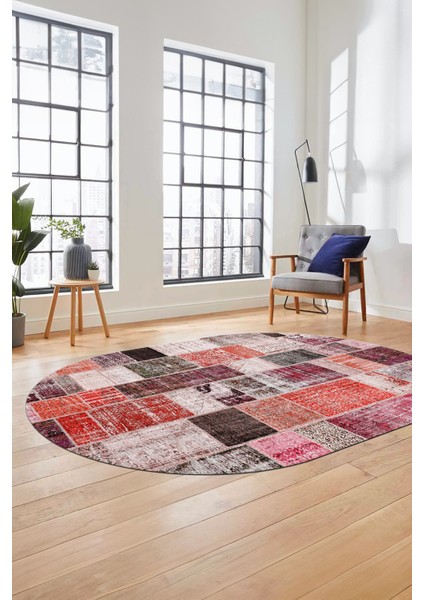 Baskılı Kaymaz Taban Yıkanabilir Patchwork Desen Oval Yolluk Salon Halısı, O-Patchwork-03-Kırmızı, indirimleri