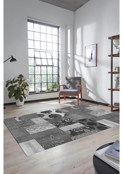 Dijital Kaymaz Taban Yıkanabilir Patchwork Desen Yolluk Mutfak Salon Halısı, Patchwork-16-Gri,
