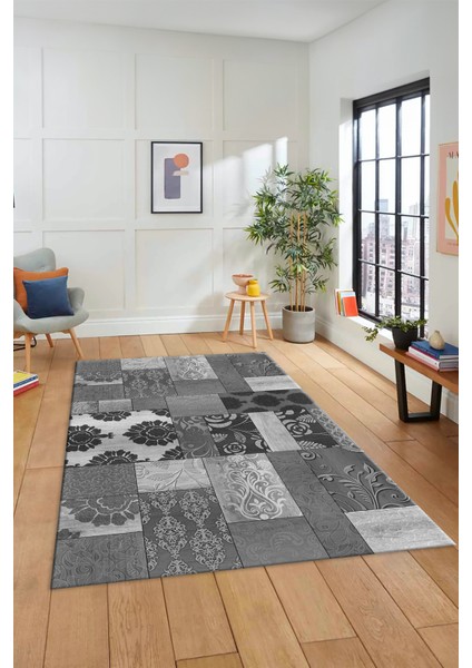 Dijital Kaymaz Taban Yıkanabilir Patchwork Desen Yolluk Mutfak Salon Halısı, Patchwork-16-Gri,