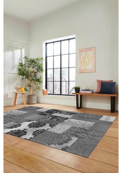 Dijital Kaymaz Taban Yıkanabilir Patchwork Desen Yolluk Mutfak Salon Halısı, Patchwork-16-Gri,