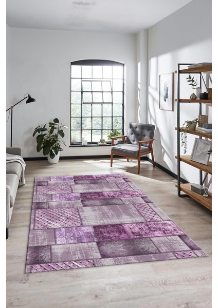 Dijital Kaymaz Taban Yıkanabilir Patchwork Desen Yolluk Mutfak Salon Halısı, Patchwork-18-Mor,
